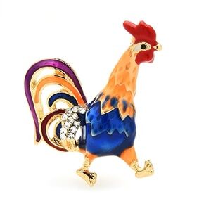 Colorful Rooster Enamel Brooch with Rhinestones
